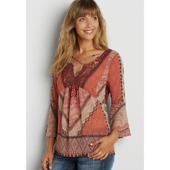 NWT Maurices Womens M Boho Style Red  Beige Patterned Bell Sleeve Lace Blouse - Picture 1 of 10